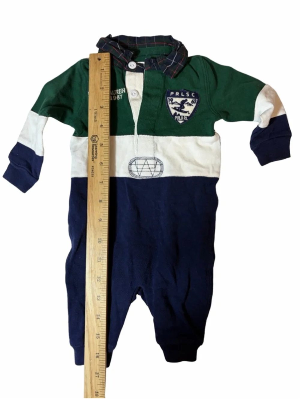 Ralph Lauren Baby Boys Rugby Coverall 3M Green Navy Plaid Collar